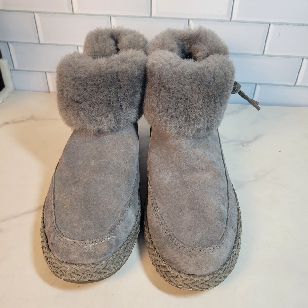 UGG Elowen Boot Grey Suede Shearling Fur Trim Ankle Side Zip Braided Midsole 11